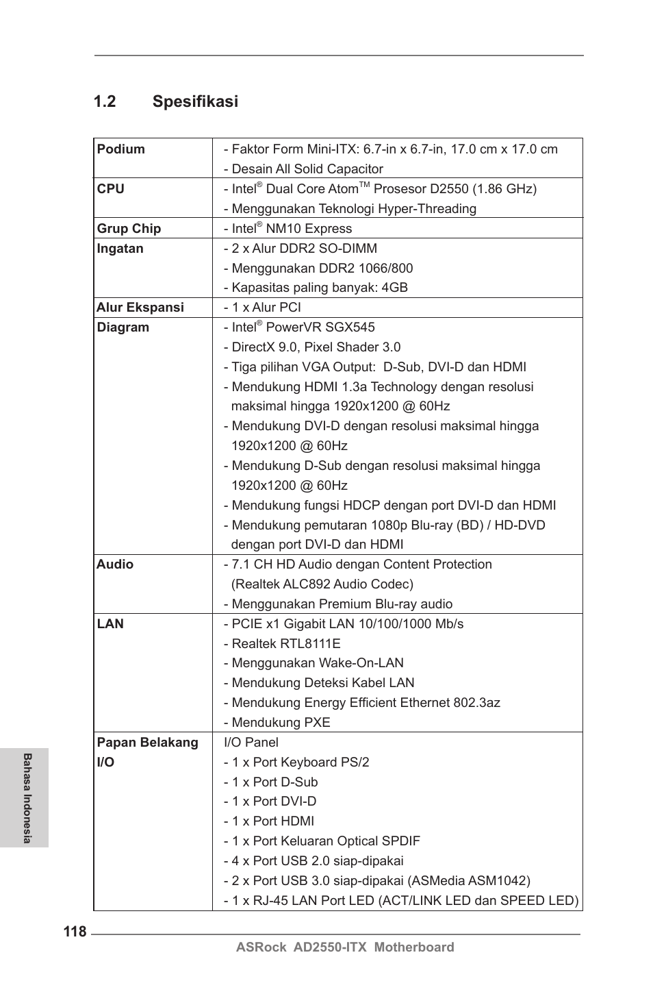 2 spesifikasi | ASRock AD2550-ITX User Manual | Page 118 / 119