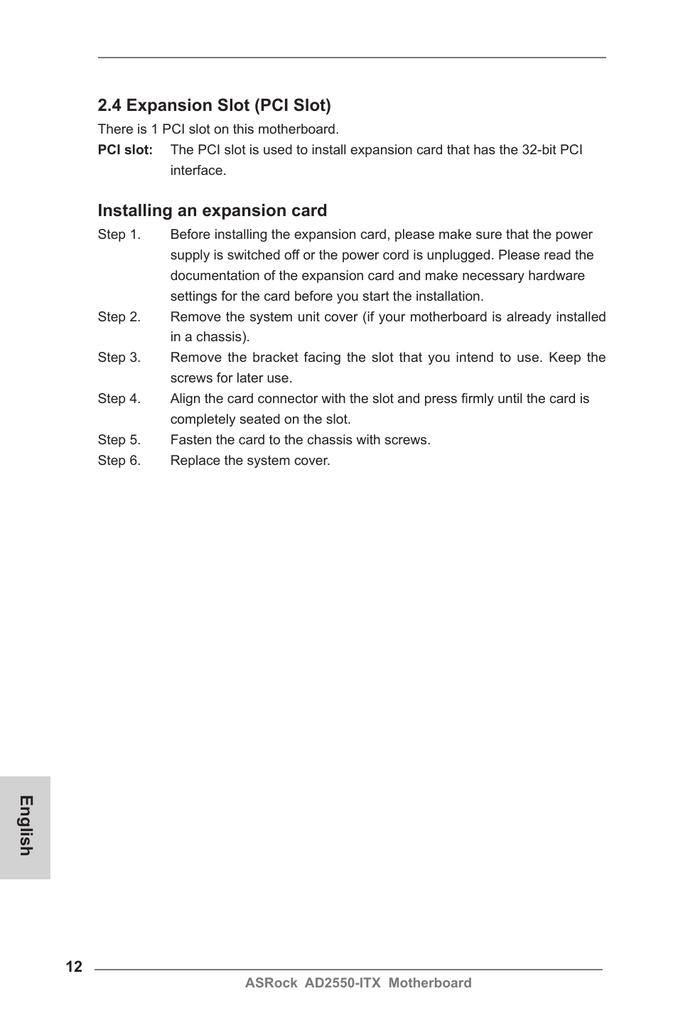 English 2.4 expansion slot (pci slot), Installing an expansion card | ASRock AD2550-ITX User Manual | Page 12 / 119