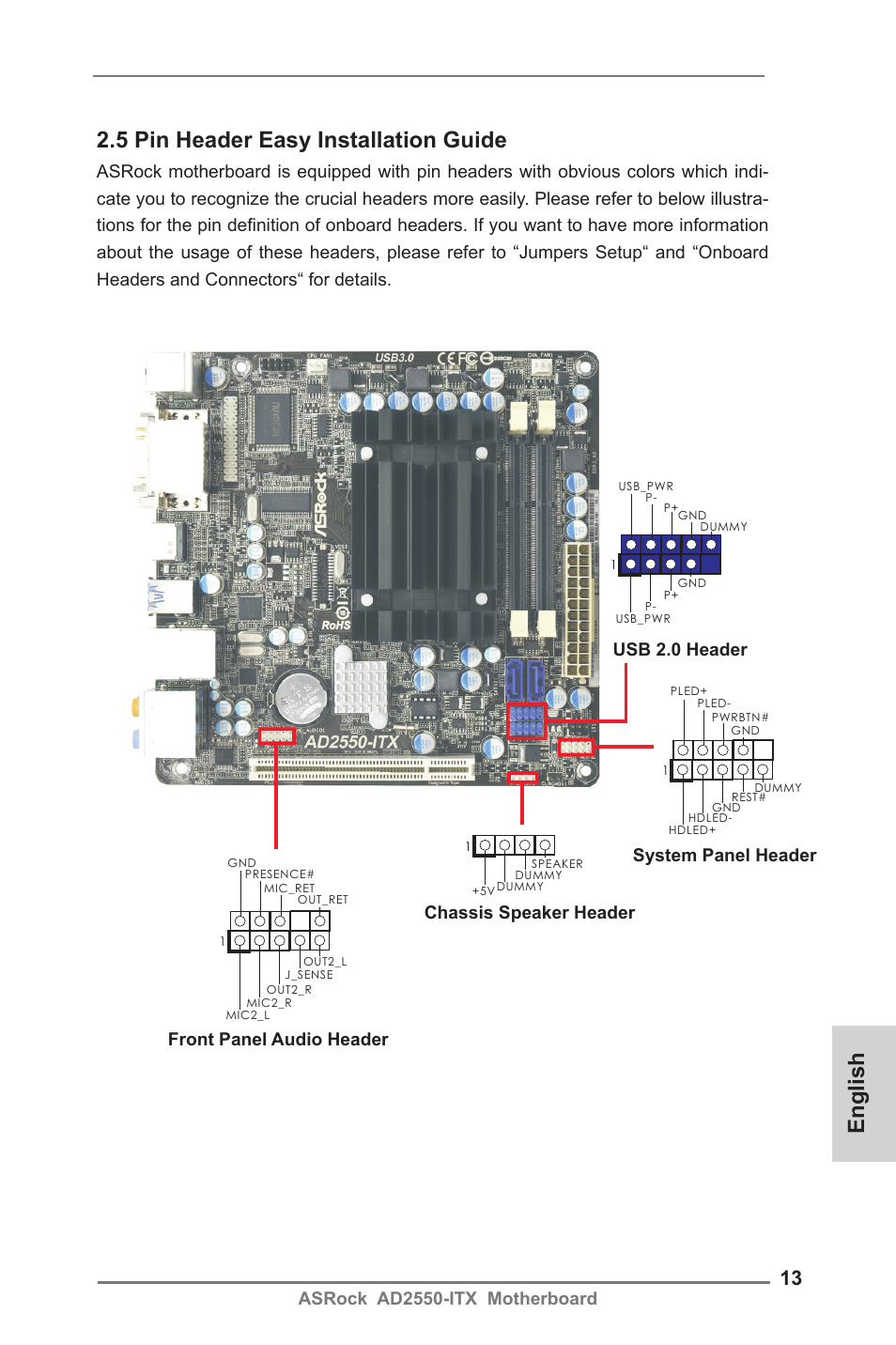 English 2.5 pin header easy installation guide, Asrock ad2550-itx motherboard, Chassis speaker header usb 2.0 header | Front panel audio header system panel header | ASRock AD2550-ITX User Manual | Page 13 / 119