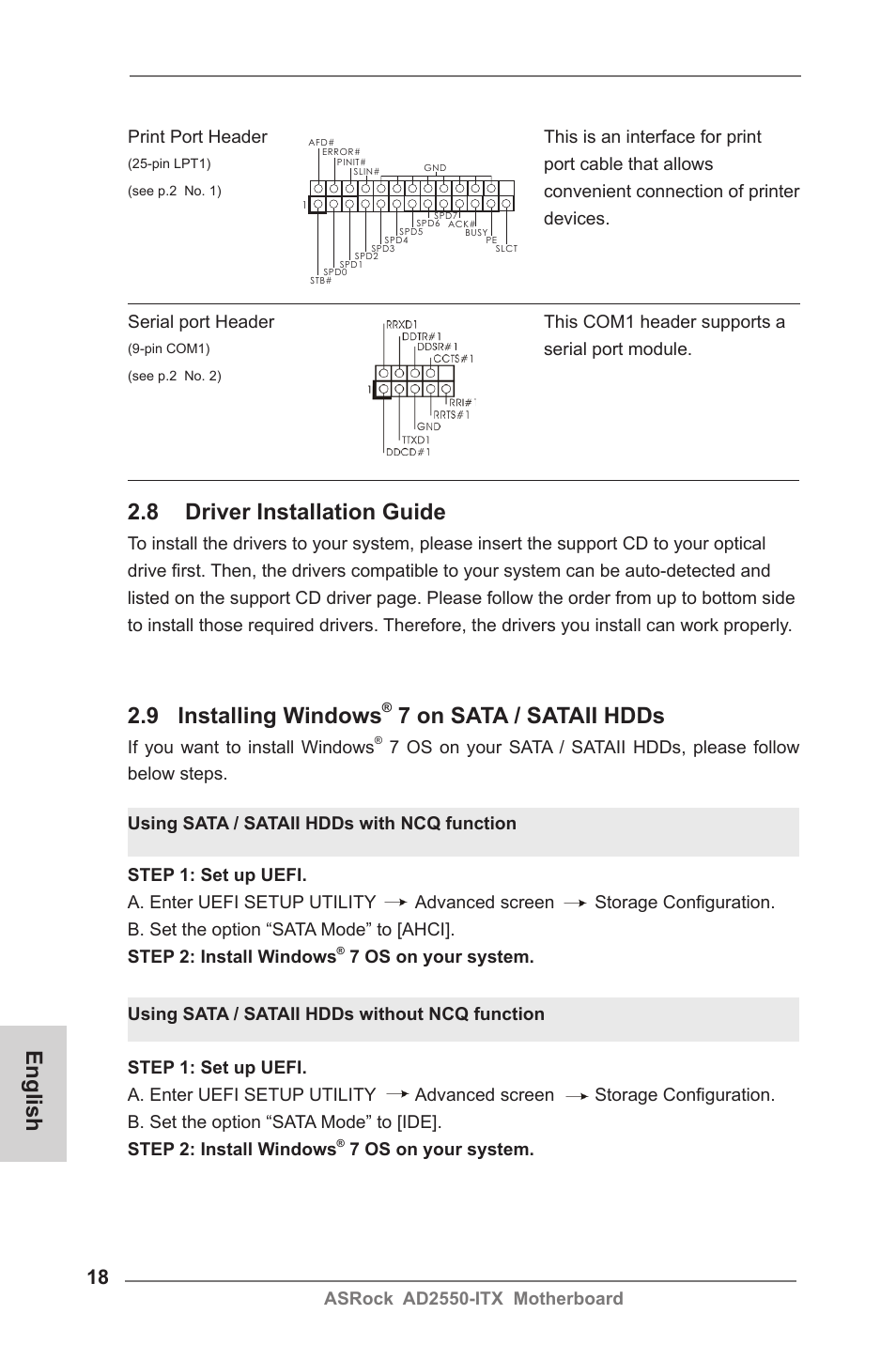 English 2.8 driver installation guide, 9 installing windows, 7 on sata / sataii hdds | Asrock ad2550-itx motherboard, If you want to install windows, Serial port module, Print port header this is an interface for print, Port cable that allows, Convenient connection of printer devices | ASRock AD2550-ITX User Manual | Page 18 / 119