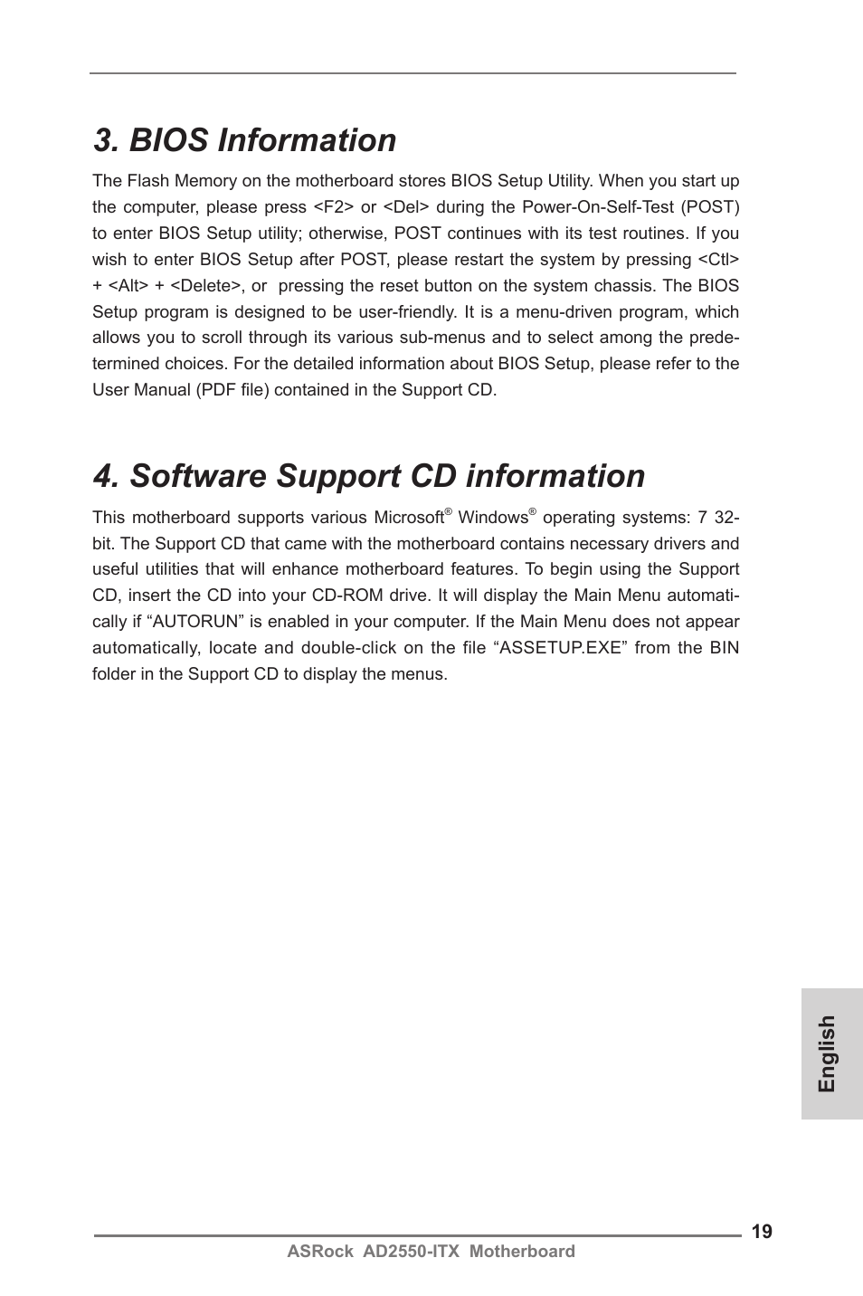 Bios information, Software support cd information | ASRock AD2550-ITX User Manual | Page 19 / 119
