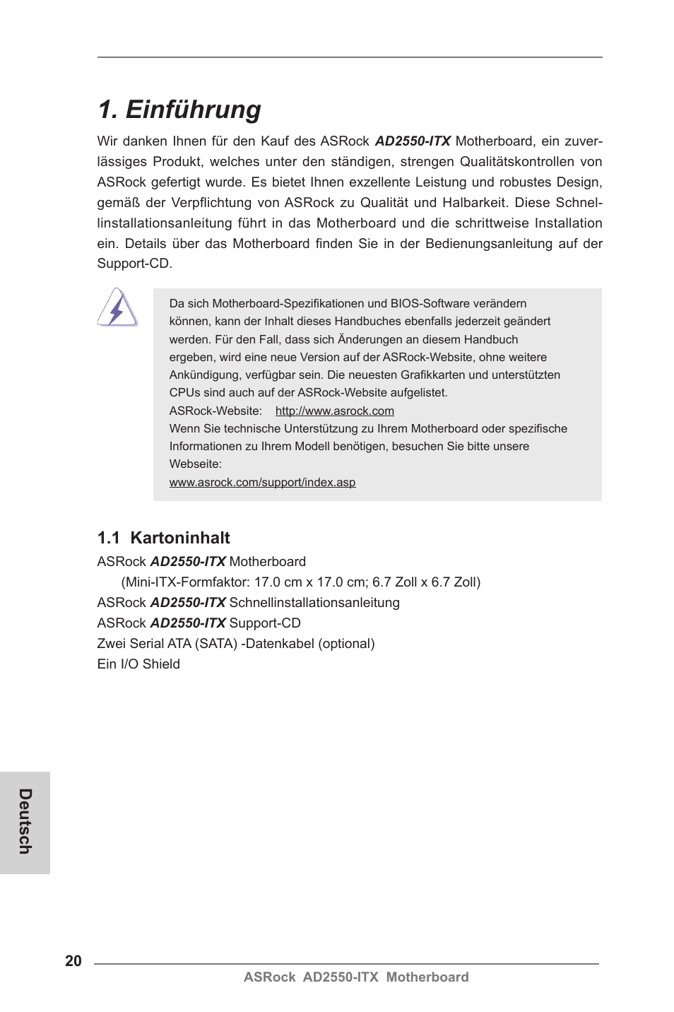 German, Einführung, 1 kartoninhalt | Deutsch | ASRock AD2550-ITX User Manual | Page 20 / 119