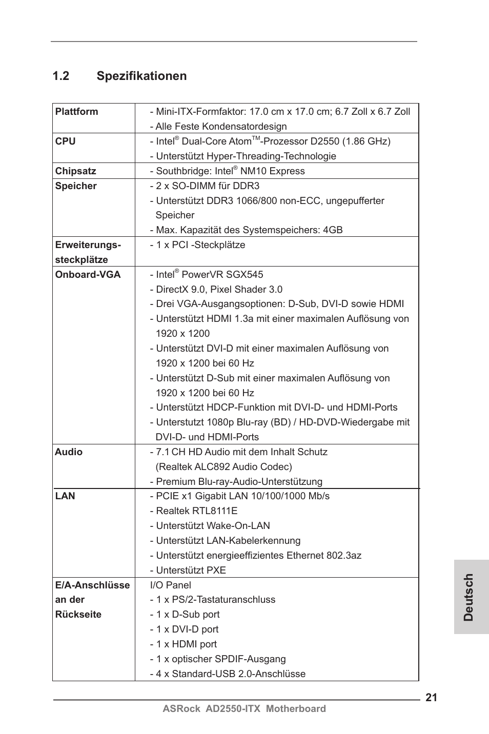 Deutsch 1.2 spezifikationen | ASRock AD2550-ITX User Manual | Page 21 / 119