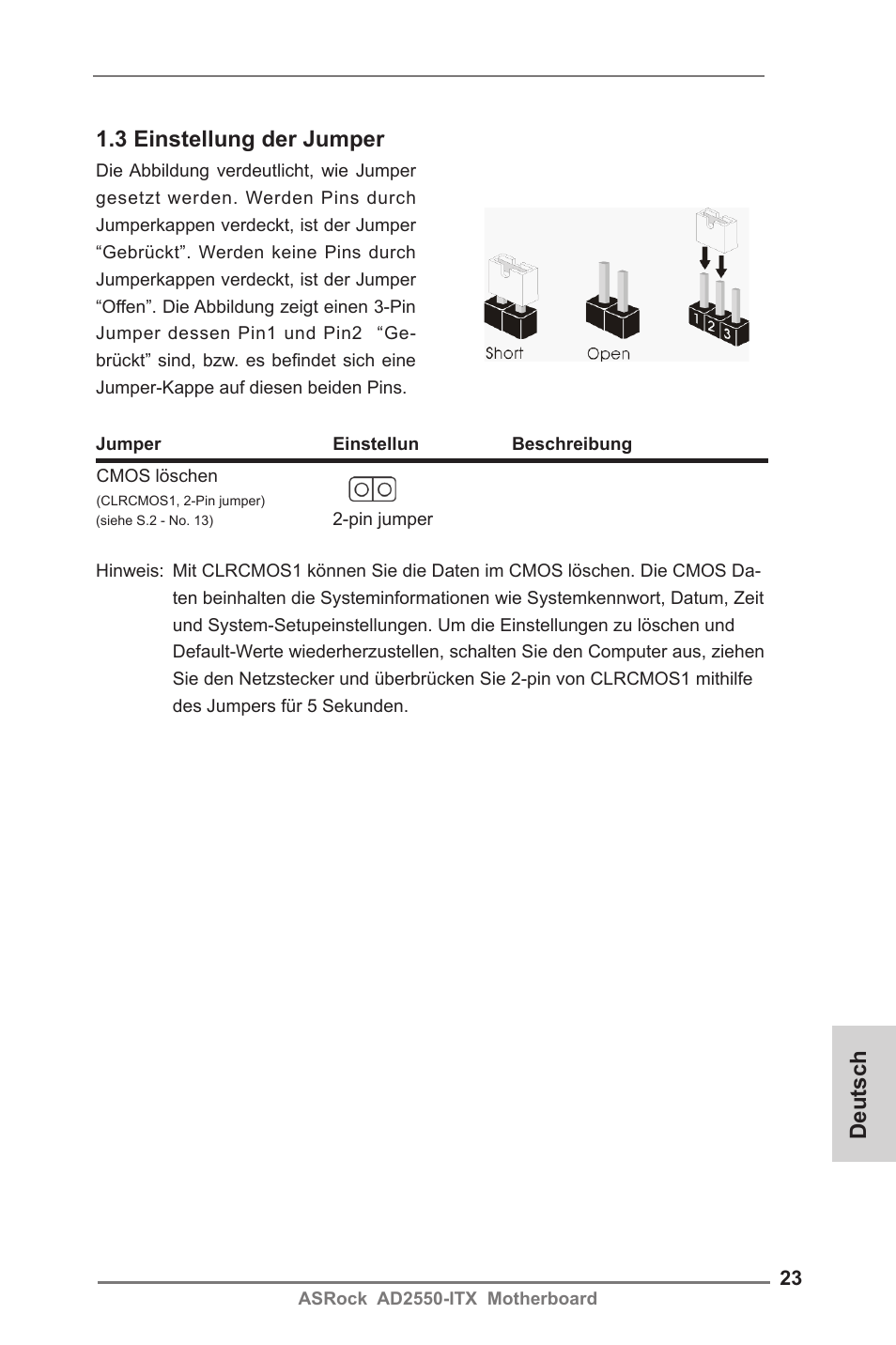 Deutsch 1.3 einstellung der jumper | ASRock AD2550-ITX User Manual | Page 23 / 119