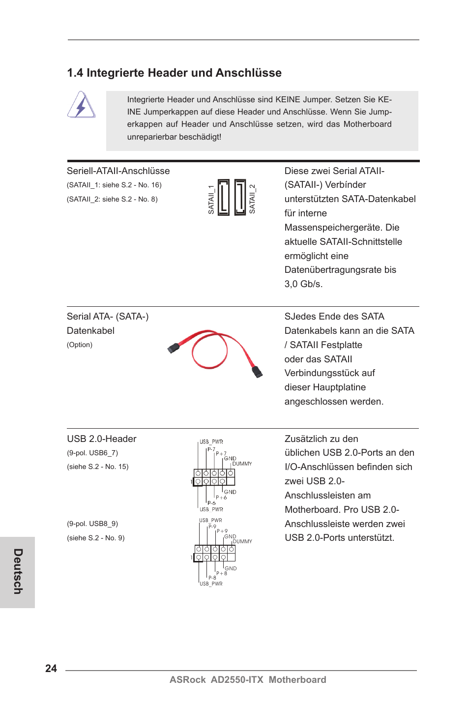 Deutsch 1.4 integrierte header und anschlüsse | ASRock AD2550-ITX User Manual | Page 24 / 119