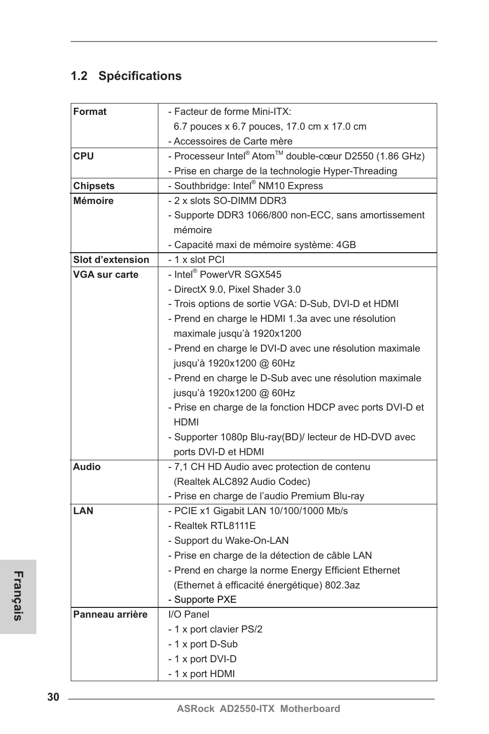 2 spécifications, Français | ASRock AD2550-ITX User Manual | Page 30 / 119