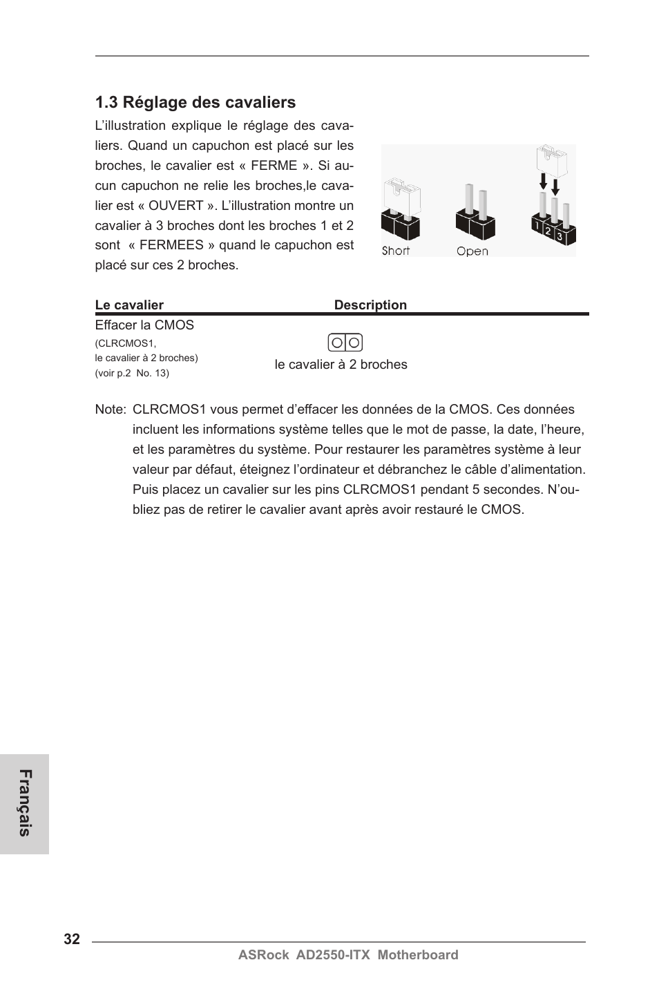 Français 1.3 réglage des cavaliers | ASRock AD2550-ITX User Manual | Page 32 / 119