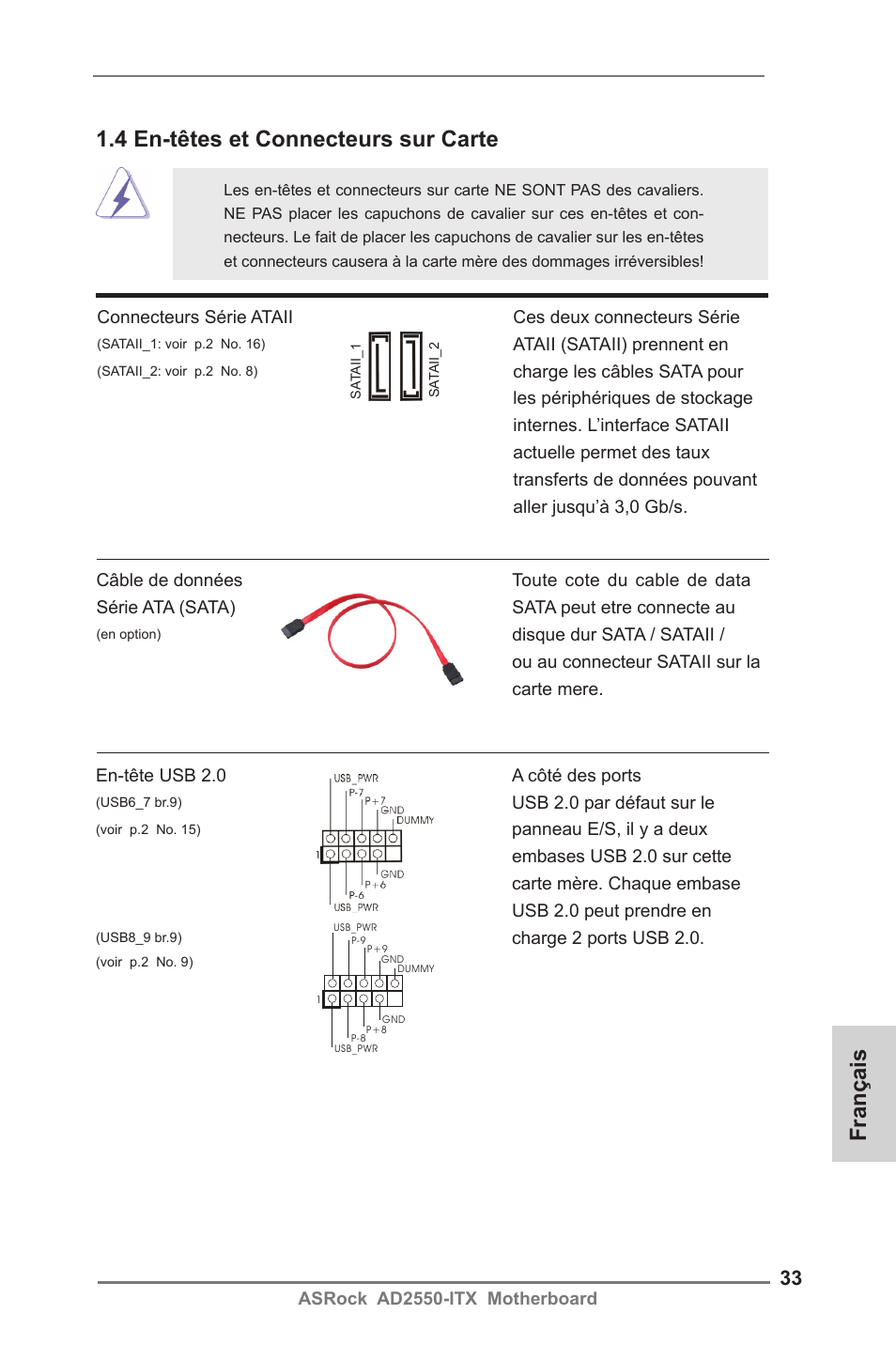 Français 1.4 en-têtes et connecteurs sur carte | ASRock AD2550-ITX User Manual | Page 33 / 119