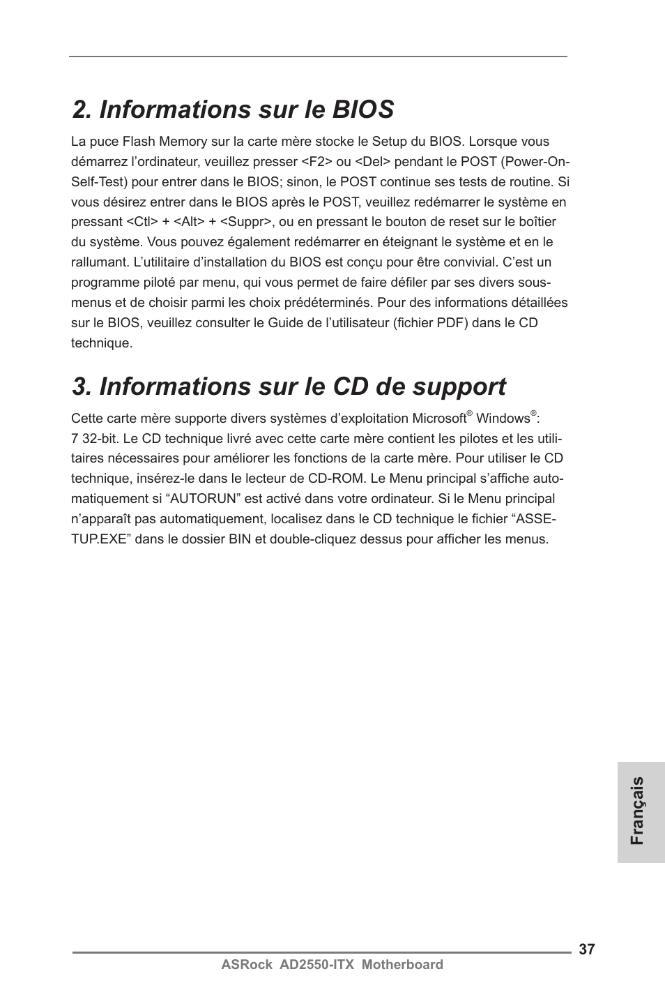 Informations sur le bios, Informations sur le cd de support | ASRock AD2550-ITX User Manual | Page 37 / 119