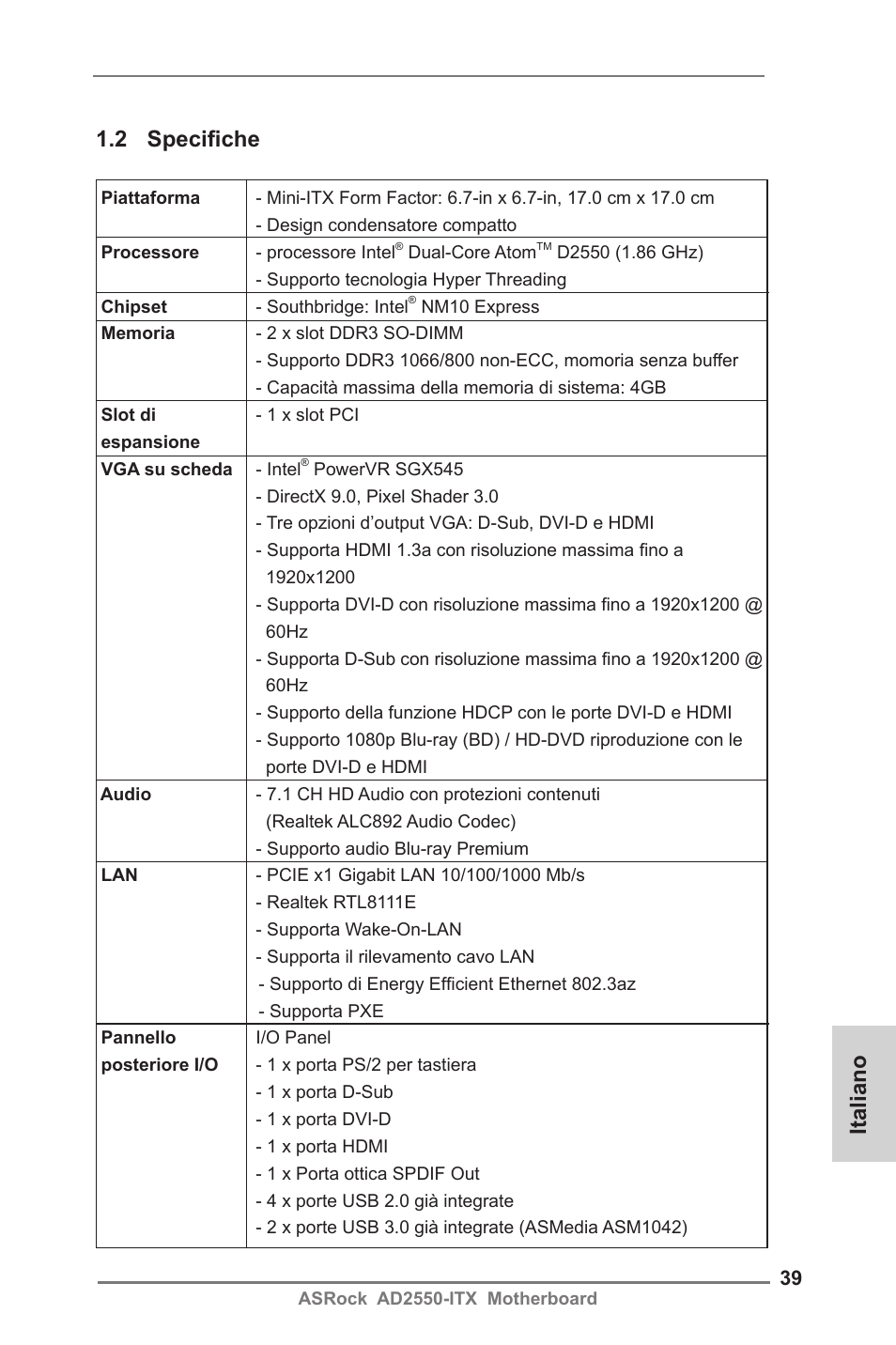 Italiano 1.2 specifiche | ASRock AD2550-ITX User Manual | Page 39 / 119