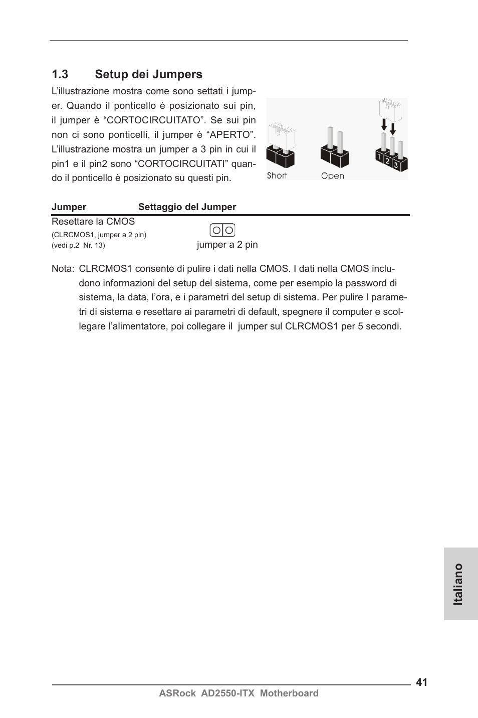 Italiano 1.3 setup dei jumpers | ASRock AD2550-ITX User Manual | Page 41 / 119