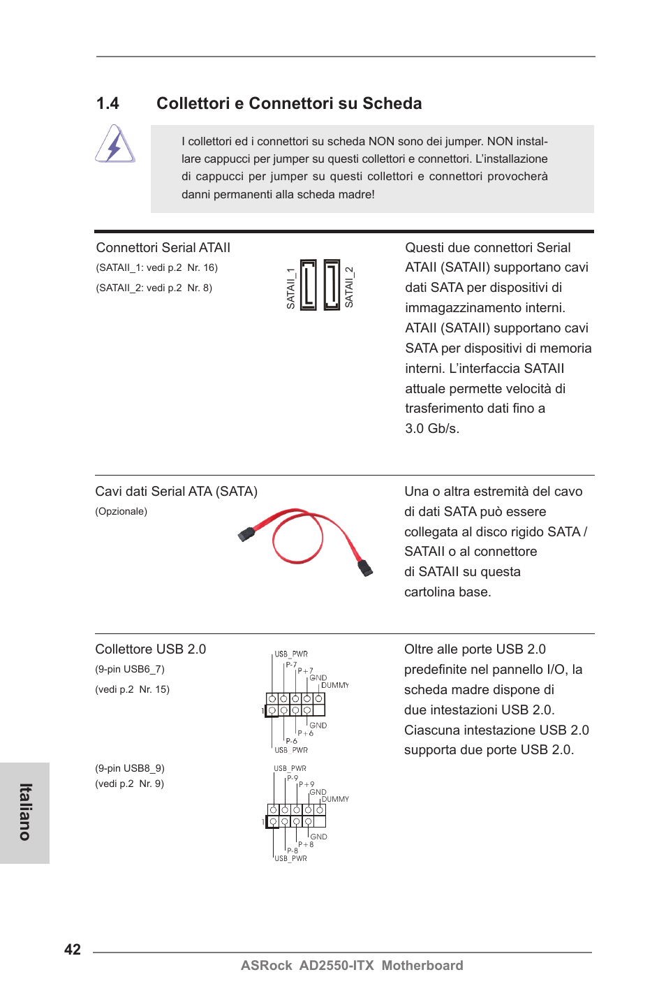Italiano, 4 collettori e connettori su scheda | ASRock AD2550-ITX User Manual | Page 42 / 119
