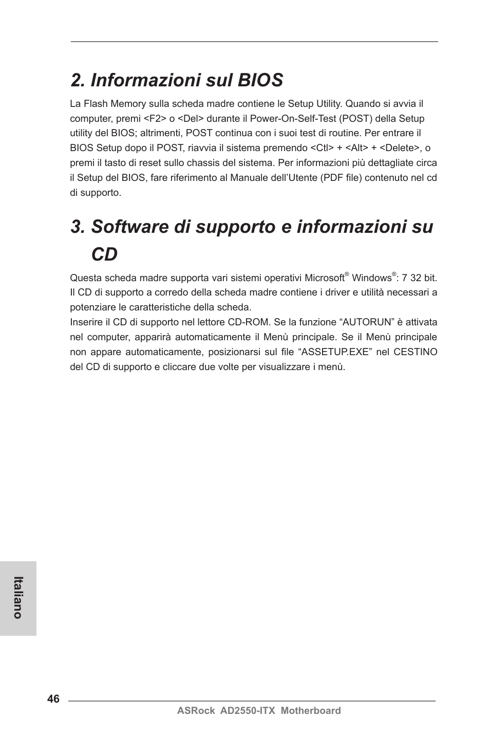 Informazioni sul bios, Software di supporto e informazioni su cd | ASRock AD2550-ITX User Manual | Page 46 / 119
