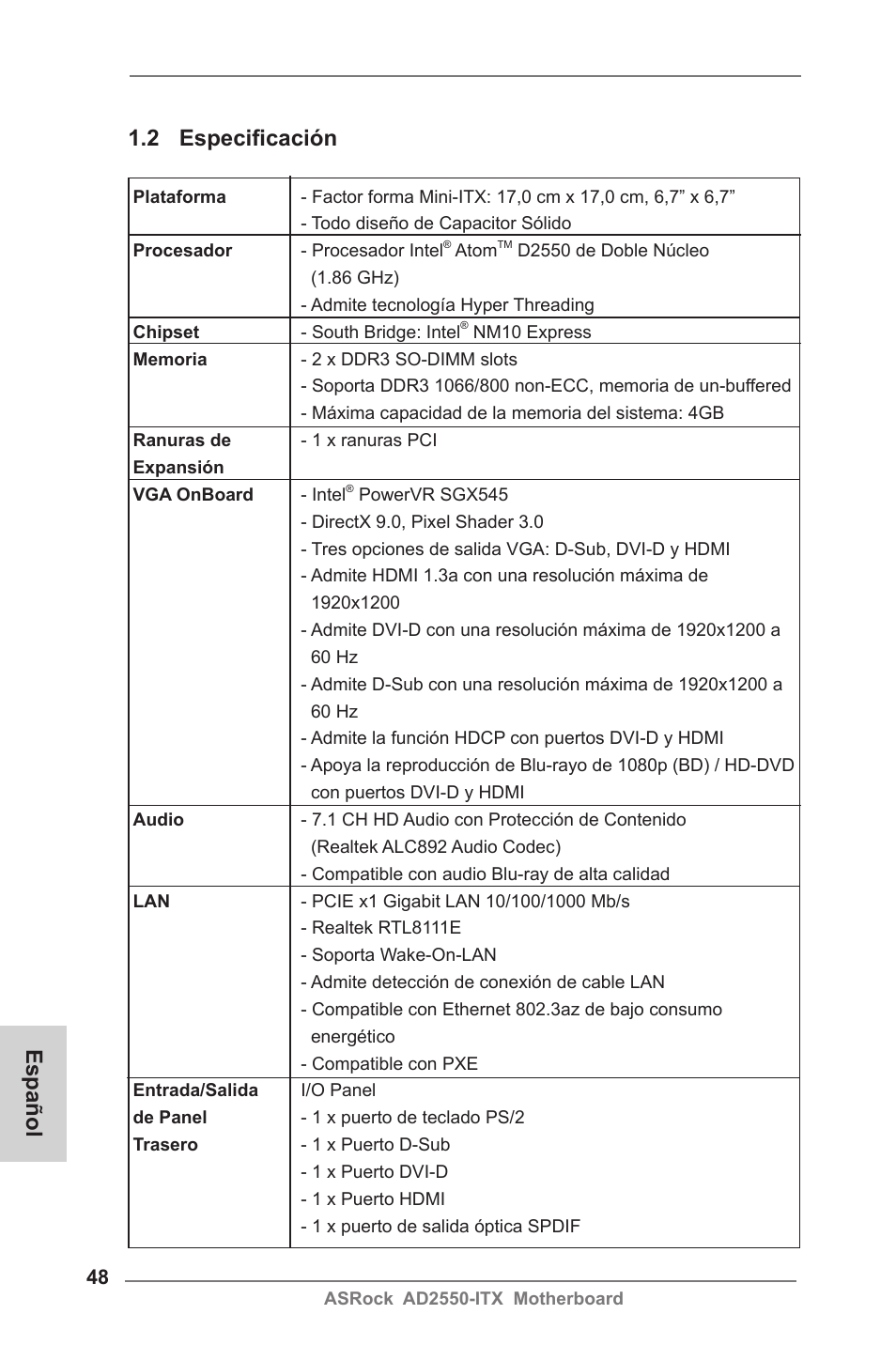 2 especificación, Español | ASRock AD2550-ITX User Manual | Page 48 / 119