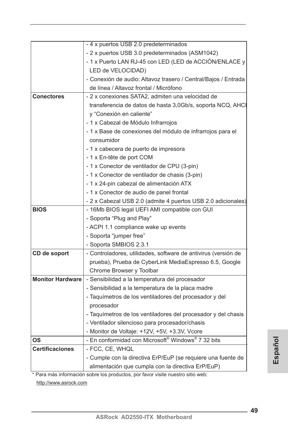 Español | ASRock AD2550-ITX User Manual | Page 49 / 119