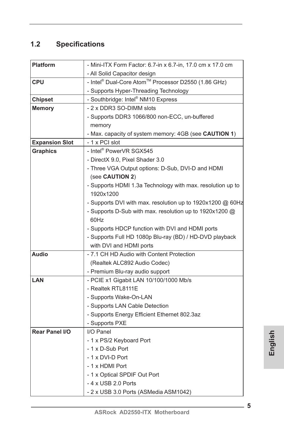 English 1.2 specifications | ASRock AD2550-ITX User Manual | Page 5 / 119