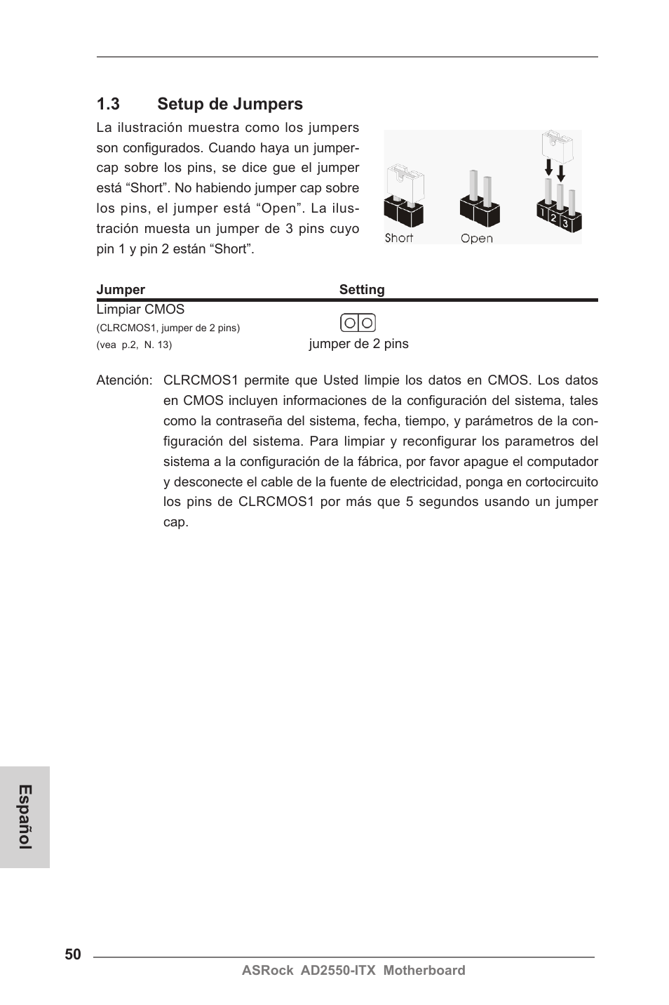 3 setup de jumpers, Español | ASRock AD2550-ITX User Manual | Page 50 / 119
