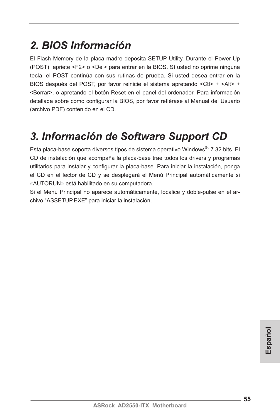Bios información, Información de software support cd | ASRock AD2550-ITX User Manual | Page 55 / 119