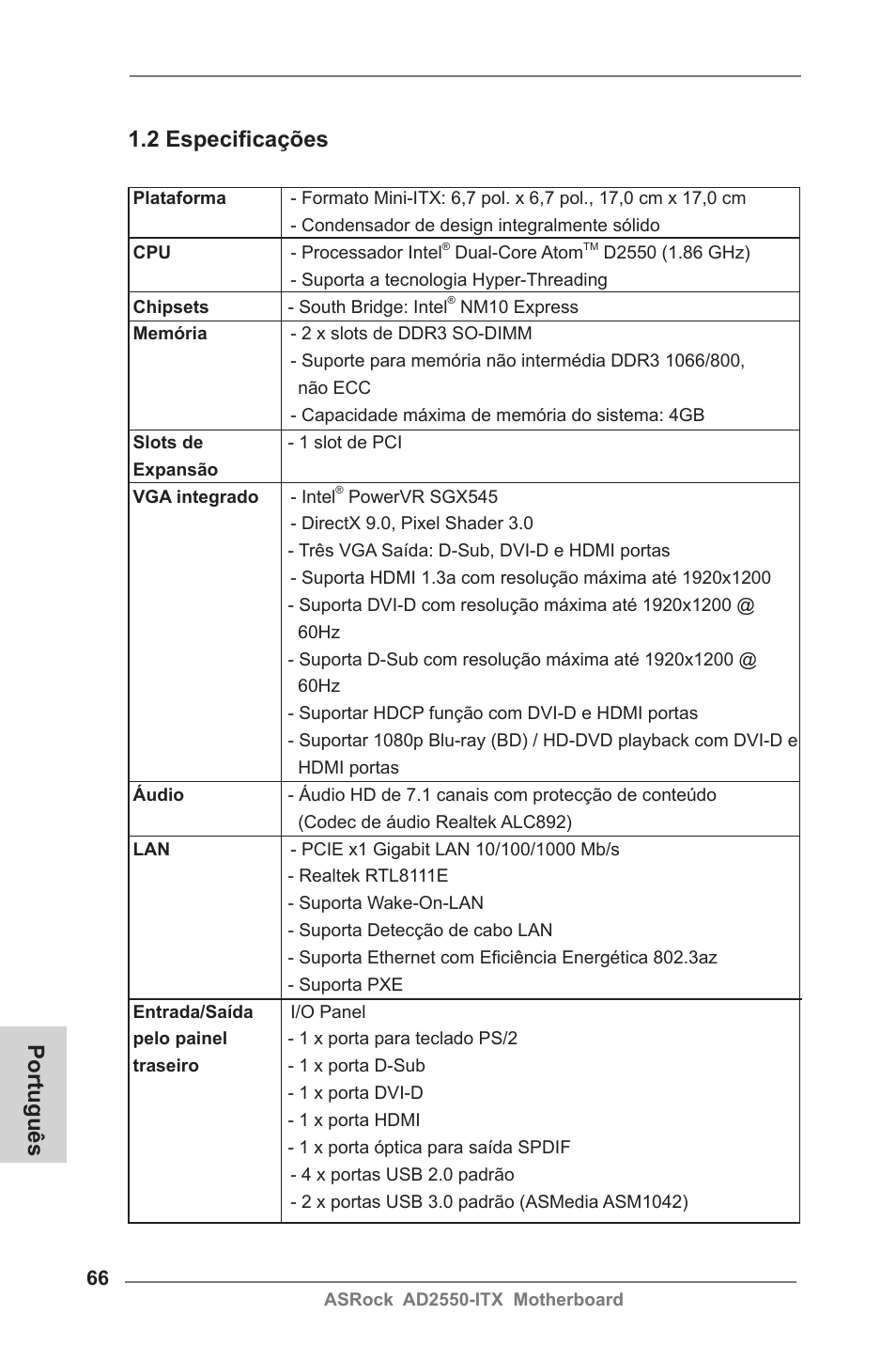 2 especificações, Português | ASRock AD2550-ITX User Manual | Page 66 / 119