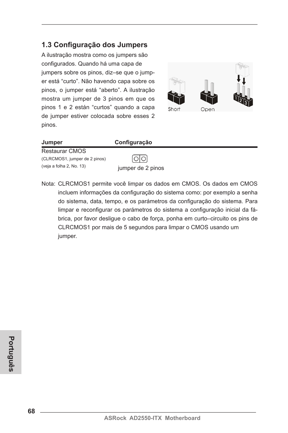 Português 1.3 configuração dos jumpers | ASRock AD2550-ITX User Manual | Page 68 / 119