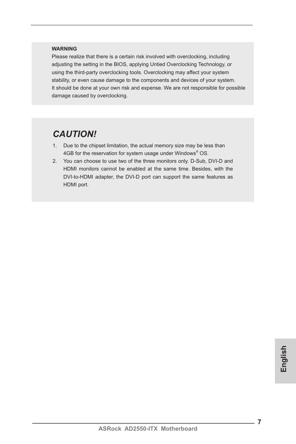 Caution, English | ASRock AD2550-ITX User Manual | Page 7 / 119