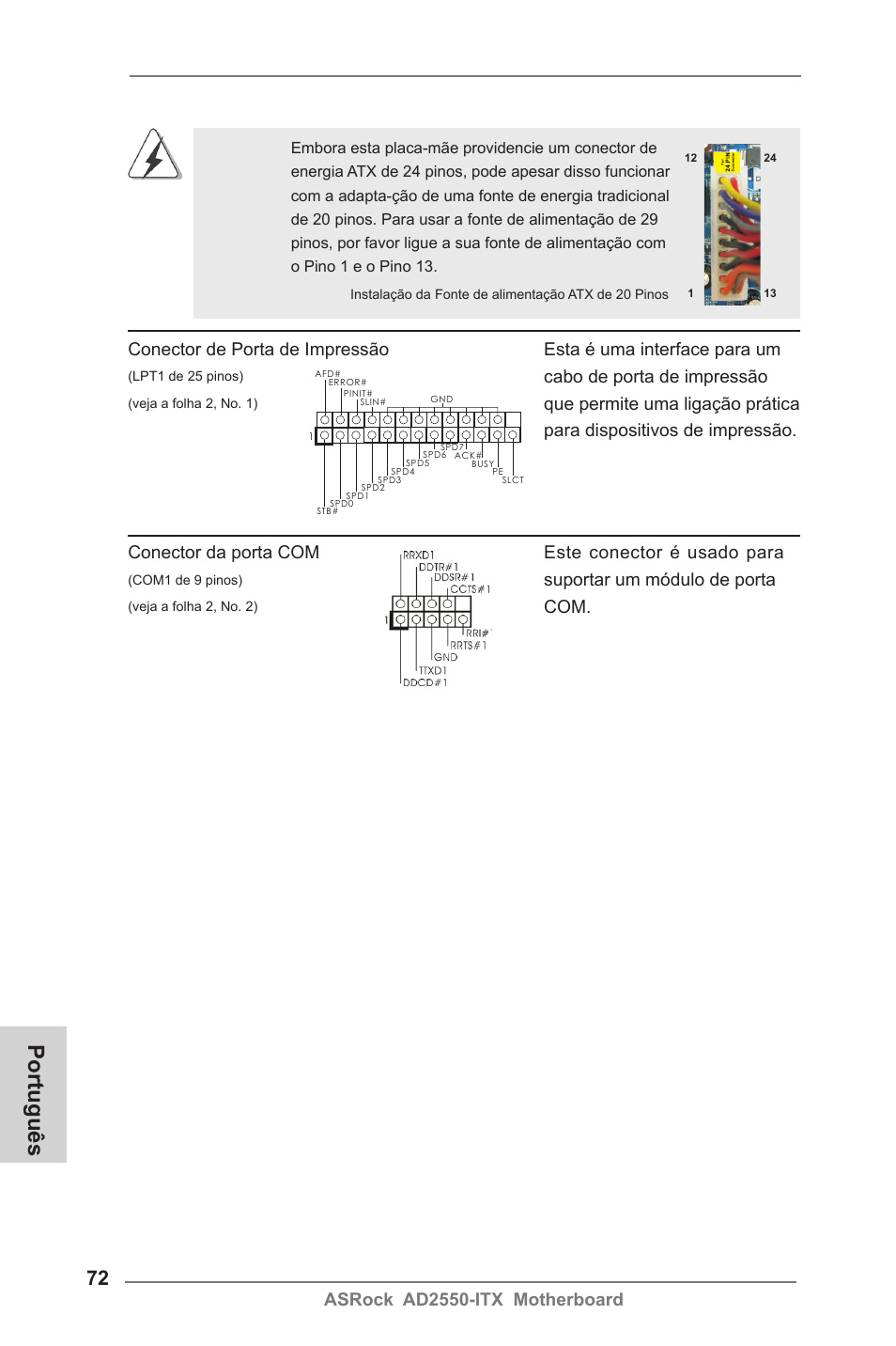 Português, Asrock ad2550-itx motherboard, Conector da porta com este conector é usado para | Suportar um módulo de porta, Cabo de porta de impressão | ASRock AD2550-ITX User Manual | Page 72 / 119