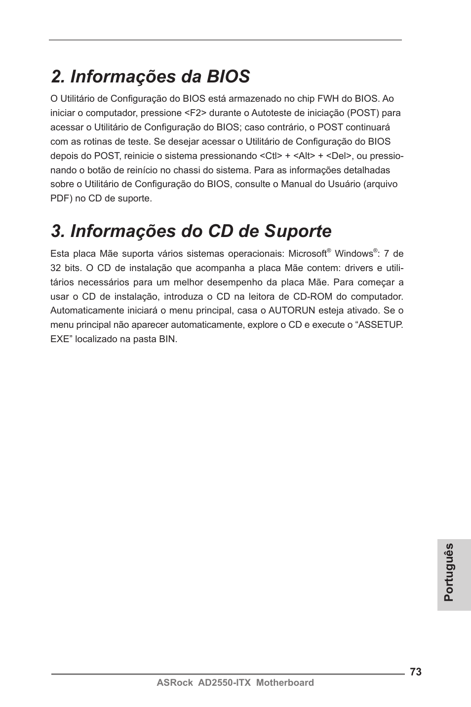 Informações da bios, Informações do cd de suporte | ASRock AD2550-ITX User Manual | Page 73 / 119