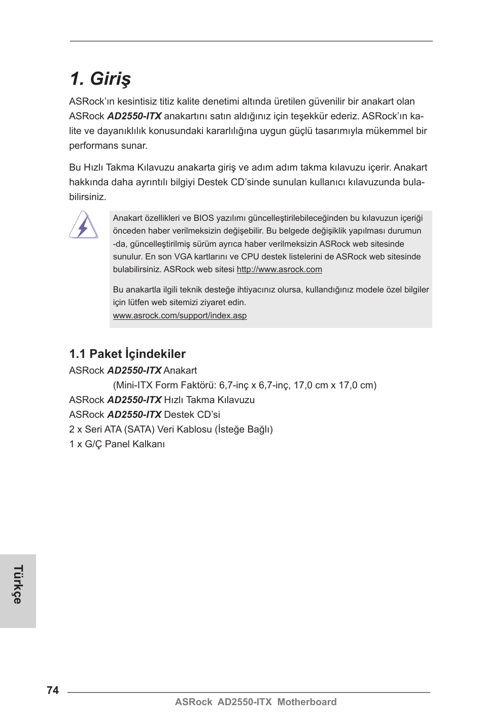 Turkish, Giriş, 1 paket içindekiler | Türkçe | ASRock AD2550-ITX User Manual | Page 74 / 119