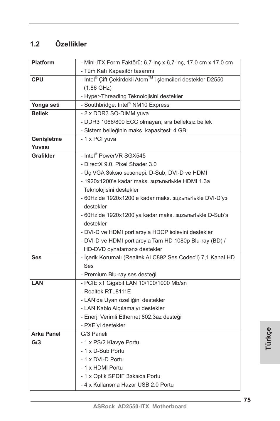 Türkçe 1.2 özellikler | ASRock AD2550-ITX User Manual | Page 75 / 119