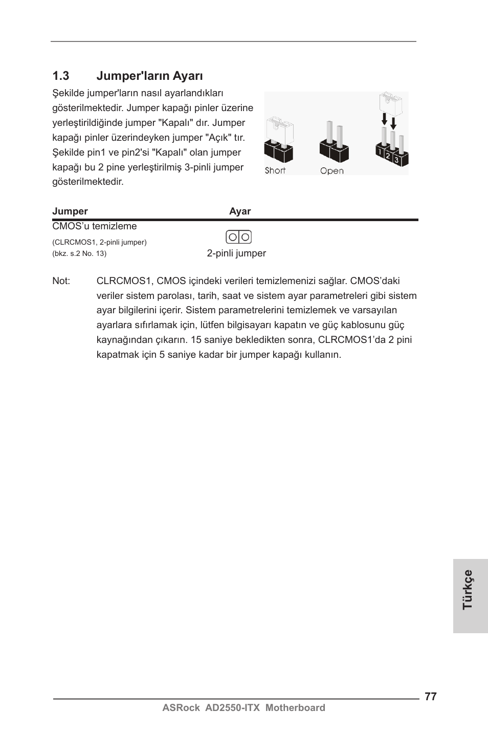 Türkçe 1.3 jumper'ların ayarı | ASRock AD2550-ITX User Manual | Page 77 / 119