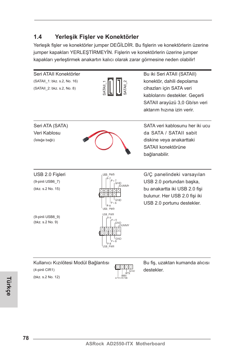 4 yerleşik fişler ve konektörler, Türkçe | ASRock AD2550-ITX User Manual | Page 78 / 119