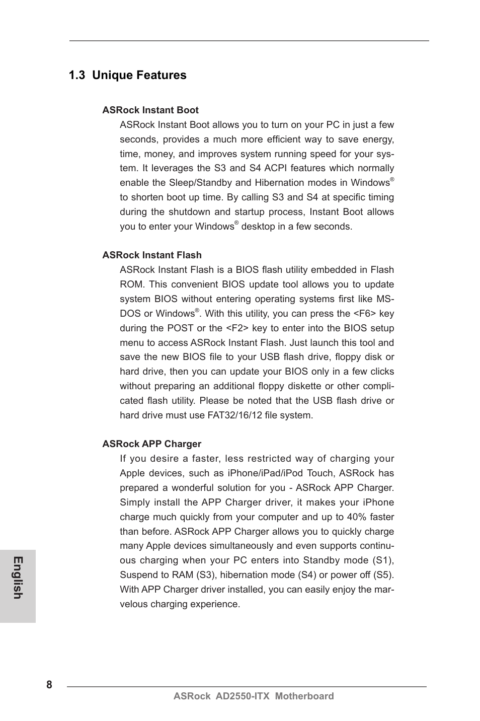 English 1.3 unique features | ASRock AD2550-ITX User Manual | Page 8 / 119