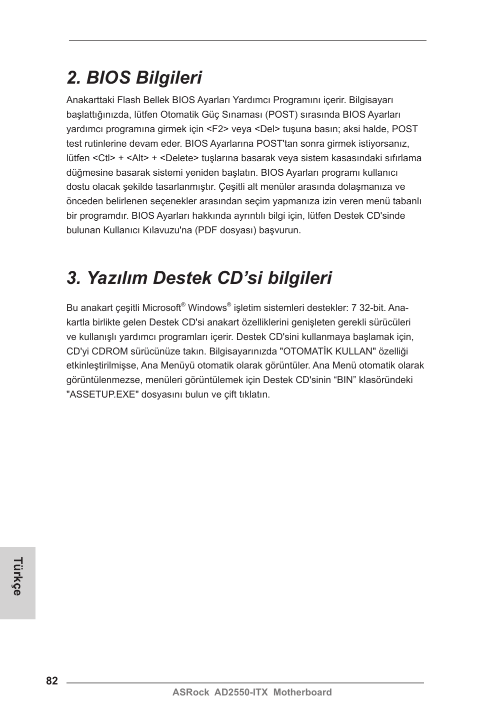 Bios bilgileri, Yazılım destek cd’si bilgileri, Türkçe | ASRock AD2550-ITX User Manual | Page 82 / 119
