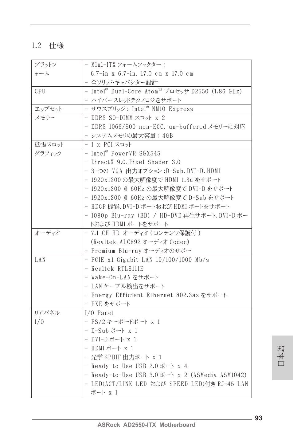 日本語 1.2 仕様 | ASRock AD2550-ITX User Manual | Page 93 / 119