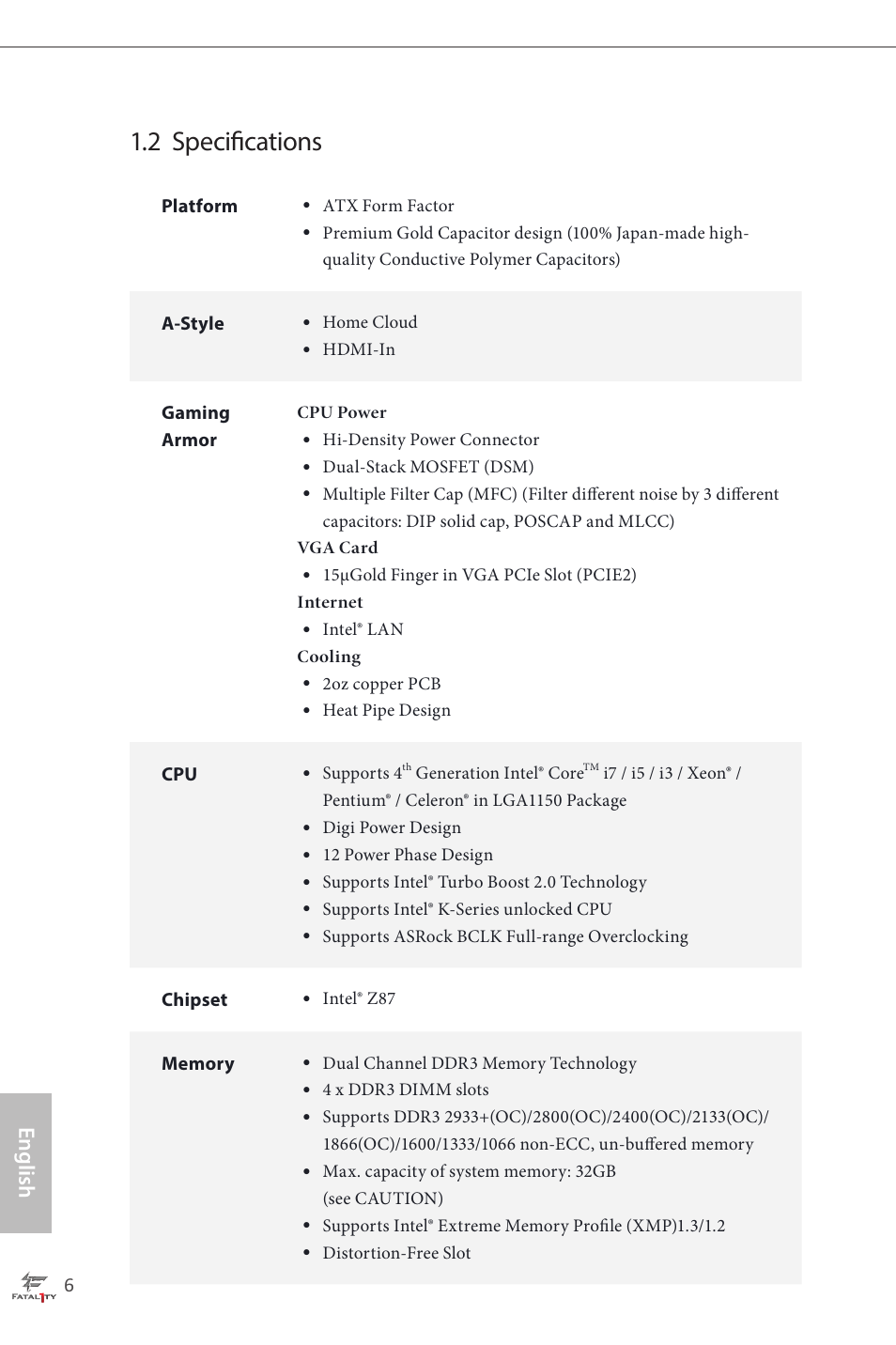 2 specifications, English | ASRock Fatal1ty Z87 Professional User Manual | Page 10 / 206