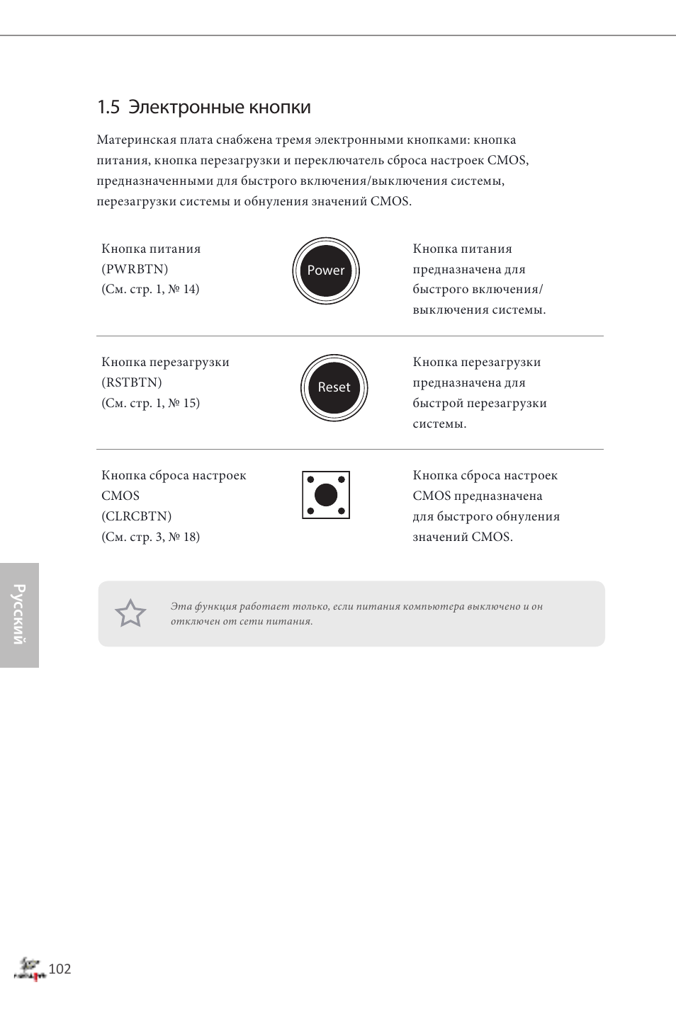 5 электронные кнопки, Ру сский | ASRock Fatal1ty Z87 Professional User Manual | Page 106 / 206