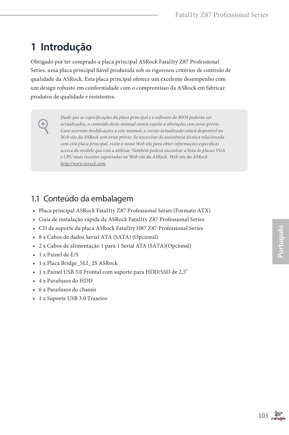 Portuguese, 1 introdução, 1 conteúdo da embalagem | ASRock Fatal1ty Z87 Professional User Manual | Page 107 / 206