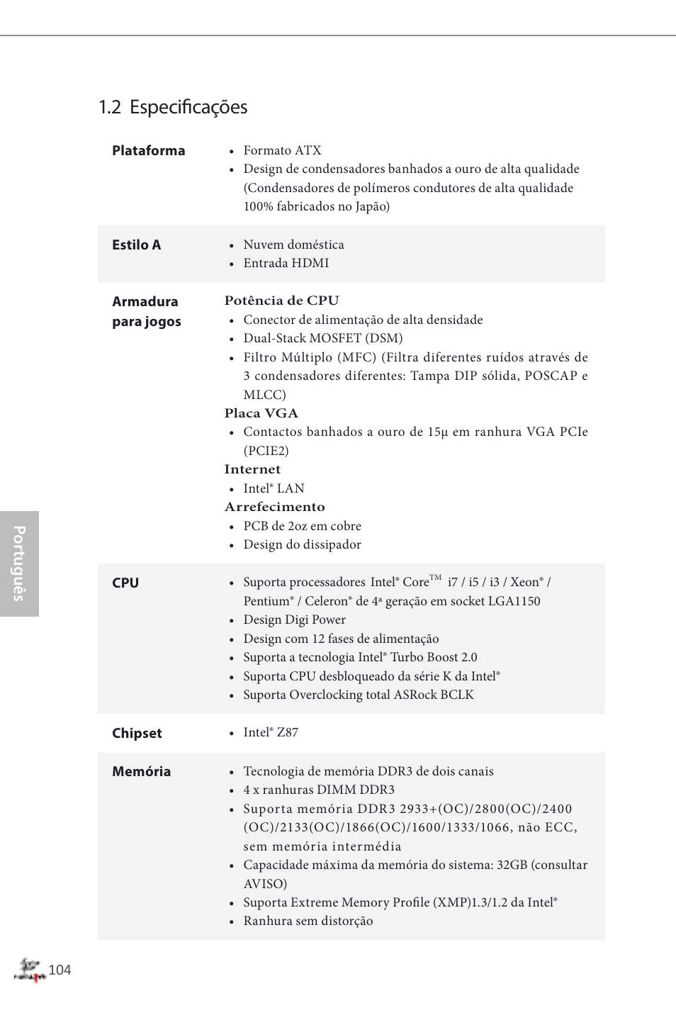 2 especificações, Por tuguês | ASRock Fatal1ty Z87 Professional User Manual | Page 108 / 206