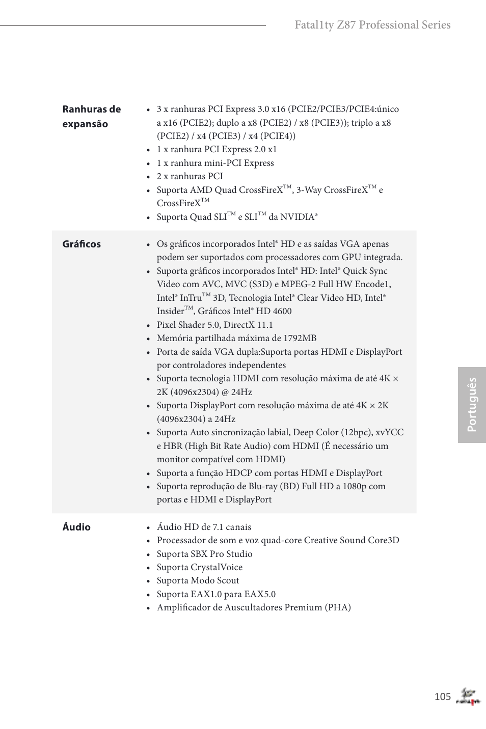 Por tuguês fatal1ty z87 professional series | ASRock Fatal1ty Z87 Professional User Manual | Page 109 / 206