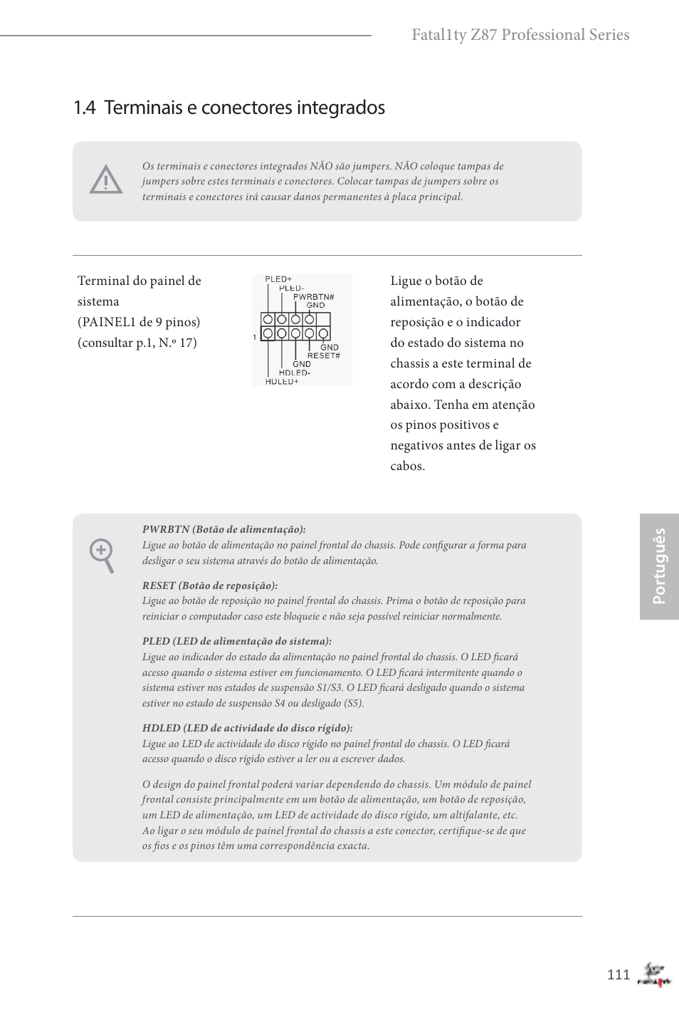 4 terminais e conectores integrados, Por tuguês fatal1ty z87 professional series | ASRock Fatal1ty Z87 Professional User Manual | Page 115 / 206