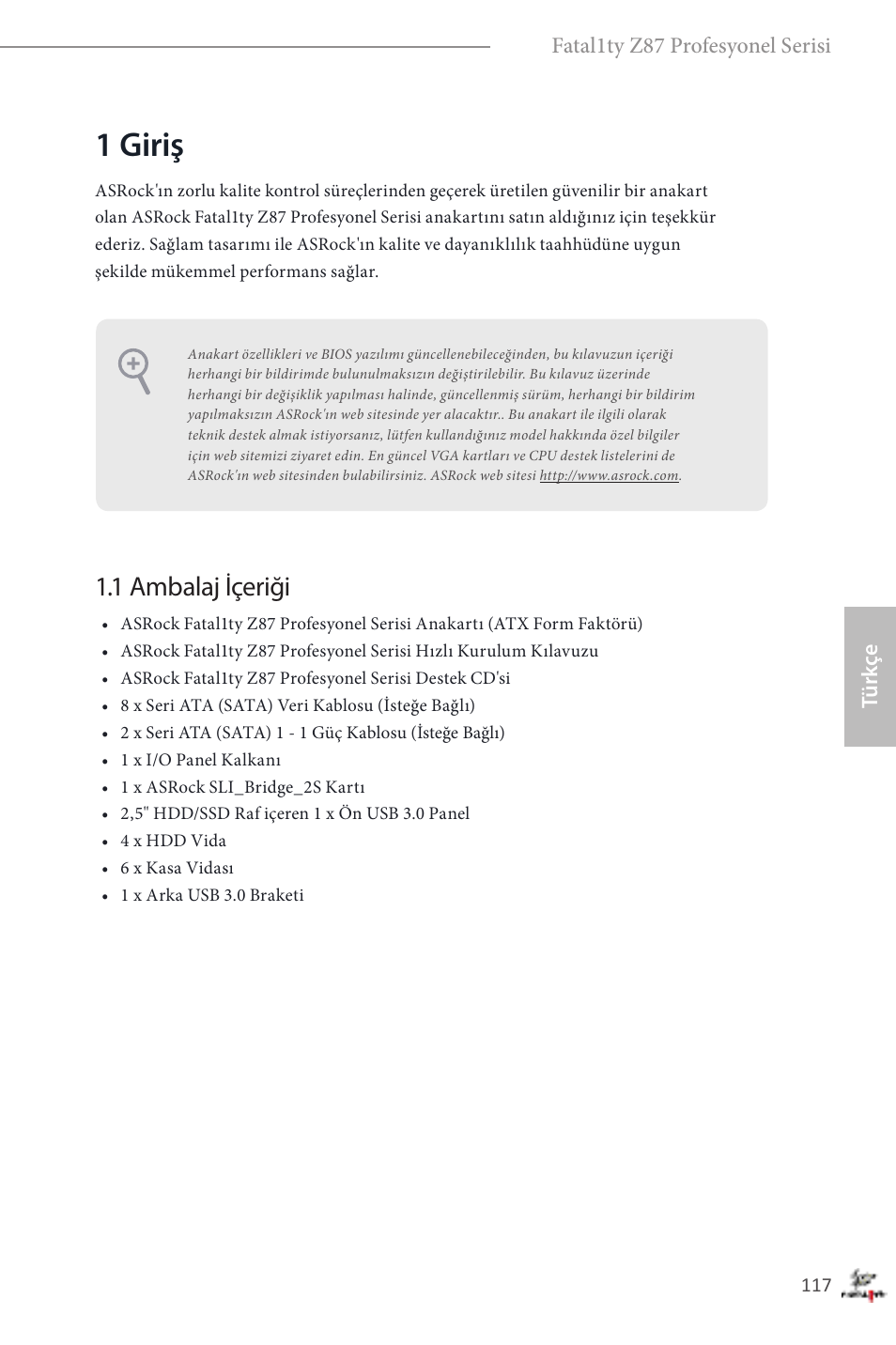 Turkish, 1 giriş, 1 ambalaj içeriği | ASRock Fatal1ty Z87 Professional User Manual | Page 121 / 206