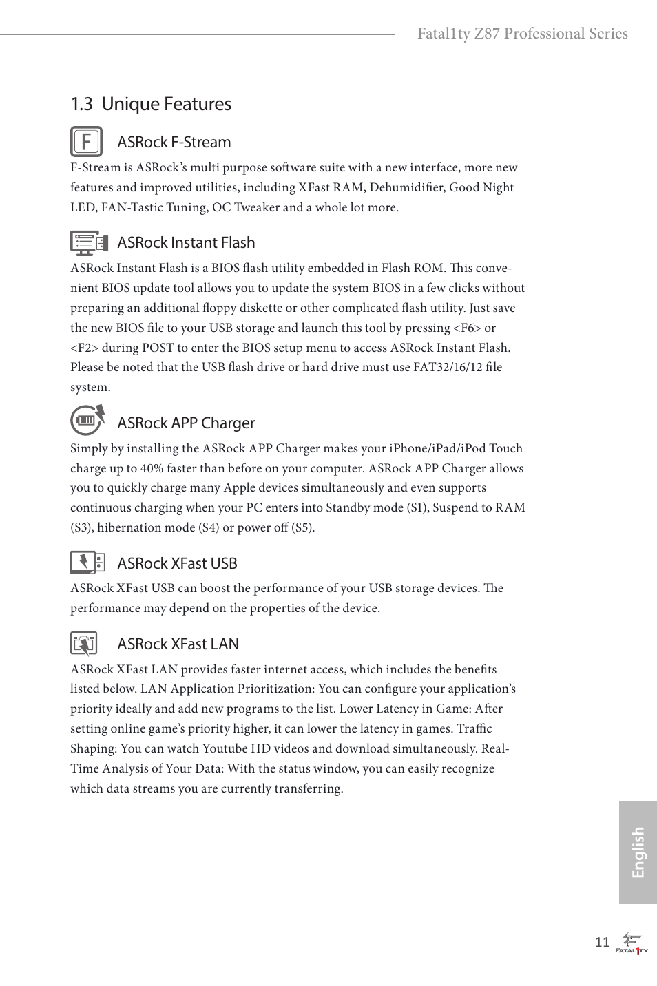 3 unique features | ASRock Fatal1ty Z87 Professional User Manual | Page 15 / 206