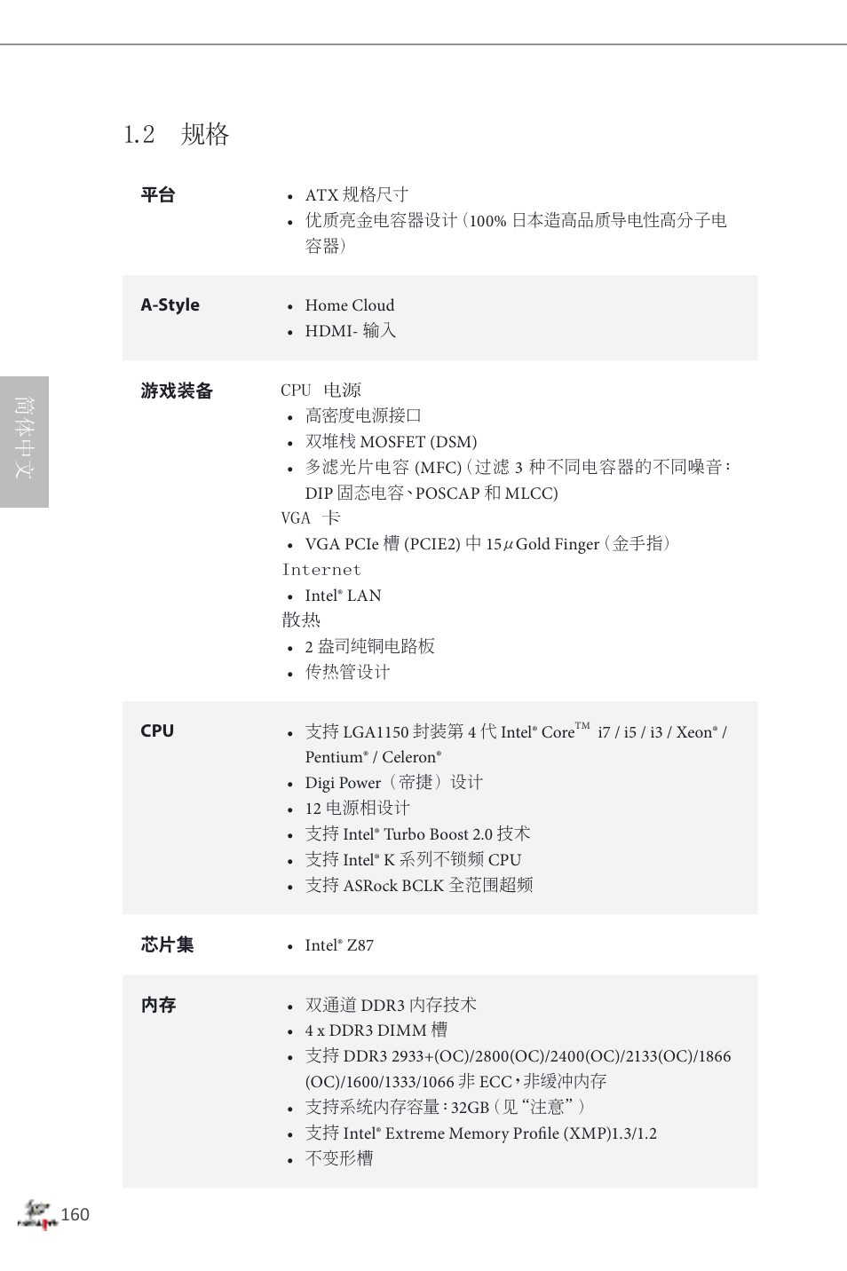 2 规格, 简体中文 | ASRock Fatal1ty Z87 Professional User Manual | Page 164 / 206