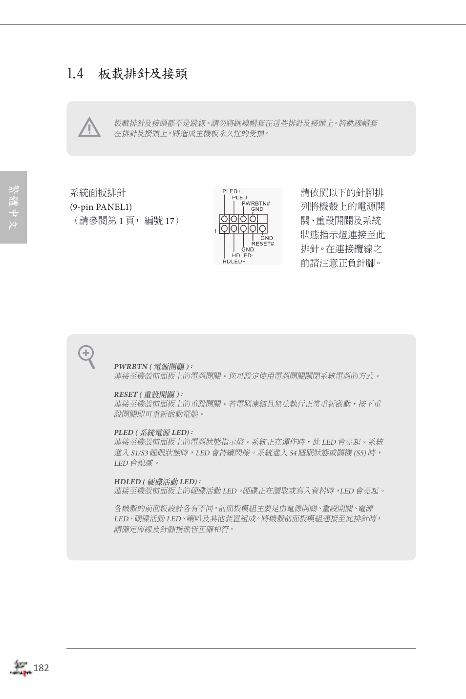 4 板載排針及接頭, 繁體中文 | ASRock Fatal1ty Z87 Professional User Manual | Page 186 / 206