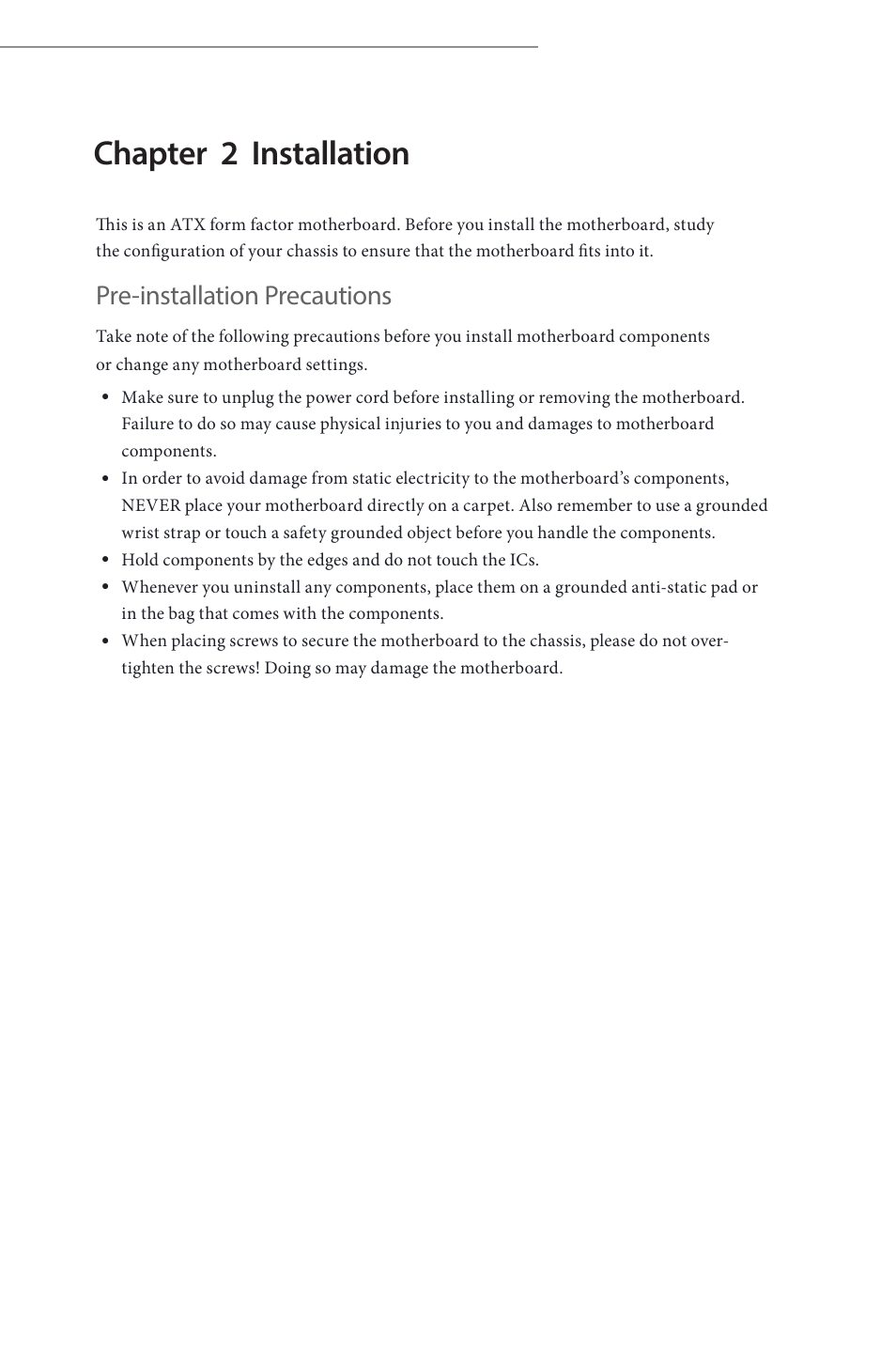 Chapter 2 installation, Pre-installation precautions | ASRock Fatal1ty Z87 Professional User Manual | Page 19 / 206