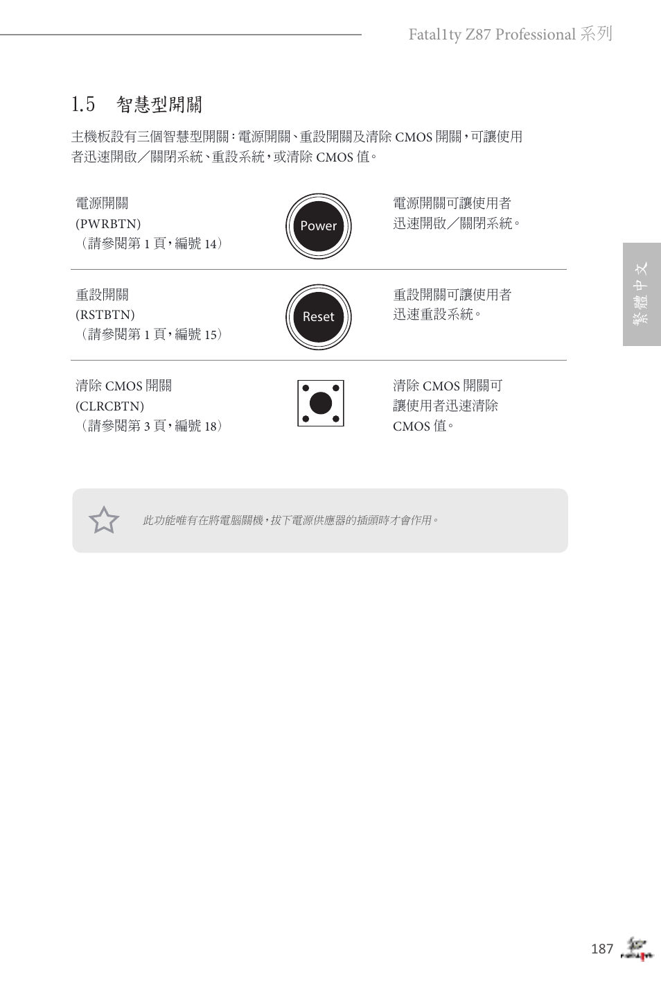 5 智慧型開關, 繁體中文 fatal1ty z87 professional 系列 | ASRock Fatal1ty Z87 Professional User Manual | Page 191 / 206