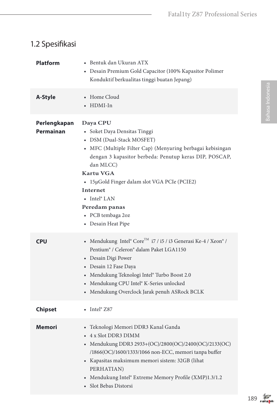 2 spesifikasi, Fatal1ty z87 professional series | ASRock Fatal1ty Z87 Professional User Manual | Page 193 / 206