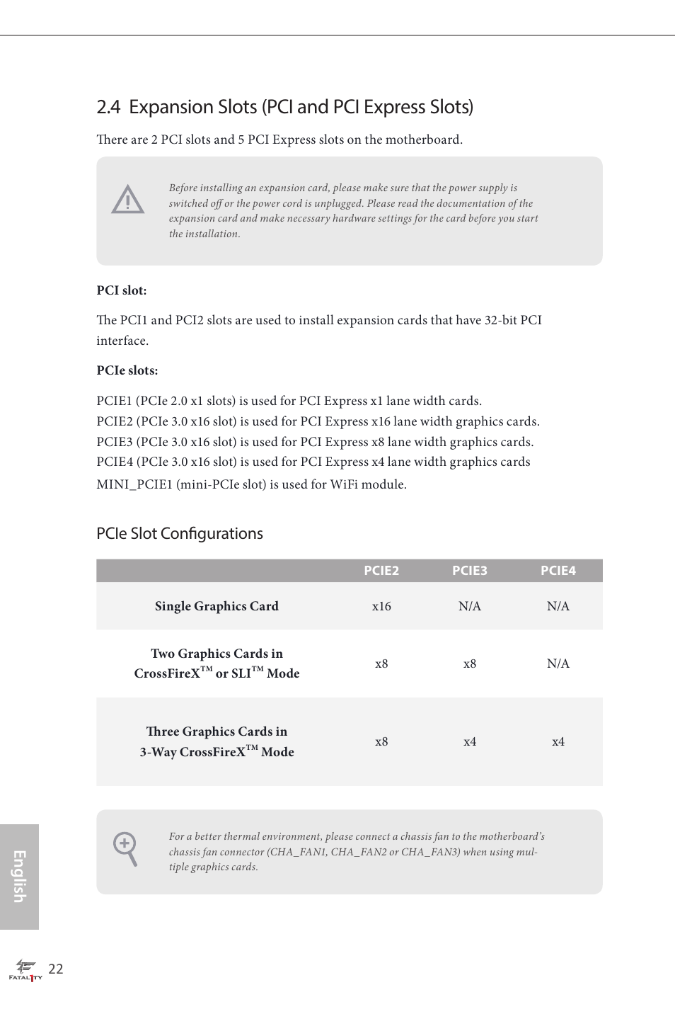 4 expansion slots (pci and pci express slots), English, Pcie slot configurations | ASRock Fatal1ty Z87 Professional User Manual | Page 26 / 206