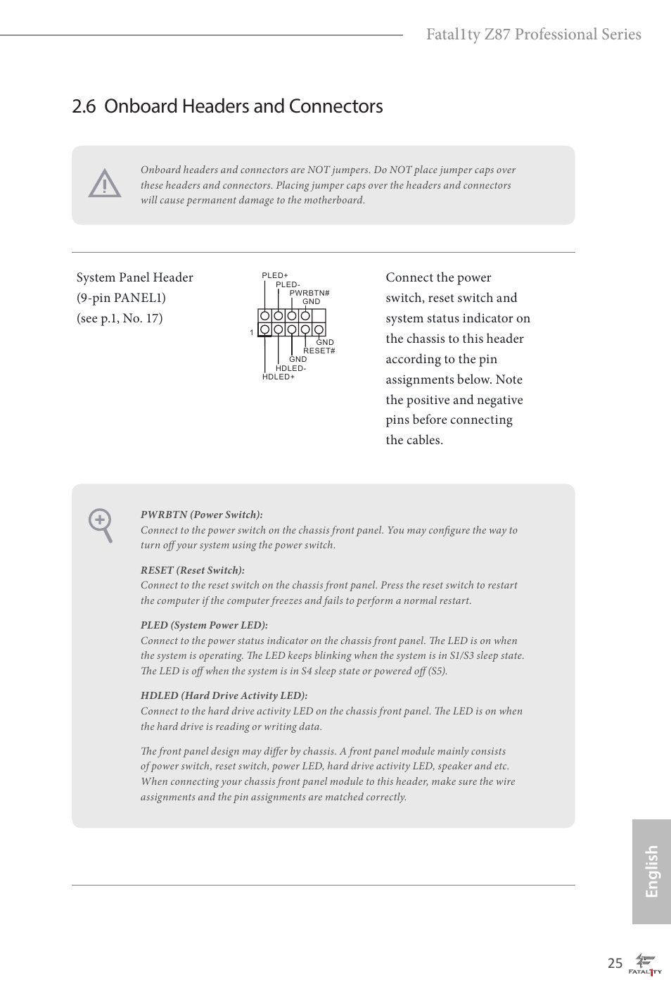 6 onboard headers and connectors, Fatal1ty z87 professional series, English | ASRock Fatal1ty Z87 Professional User Manual | Page 29 / 206