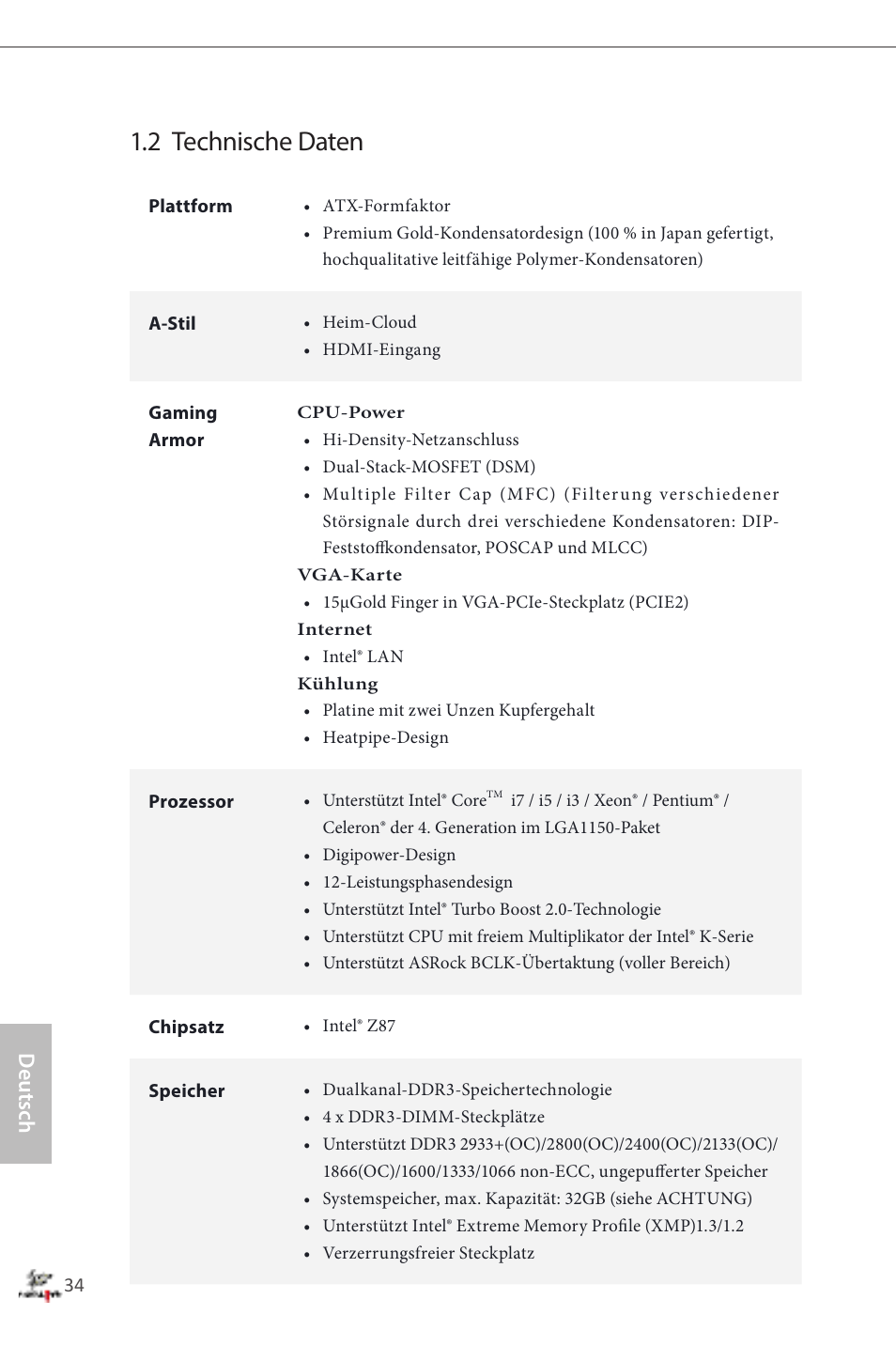 2 technische daten, Deutsch | ASRock Fatal1ty Z87 Professional User Manual | Page 38 / 206